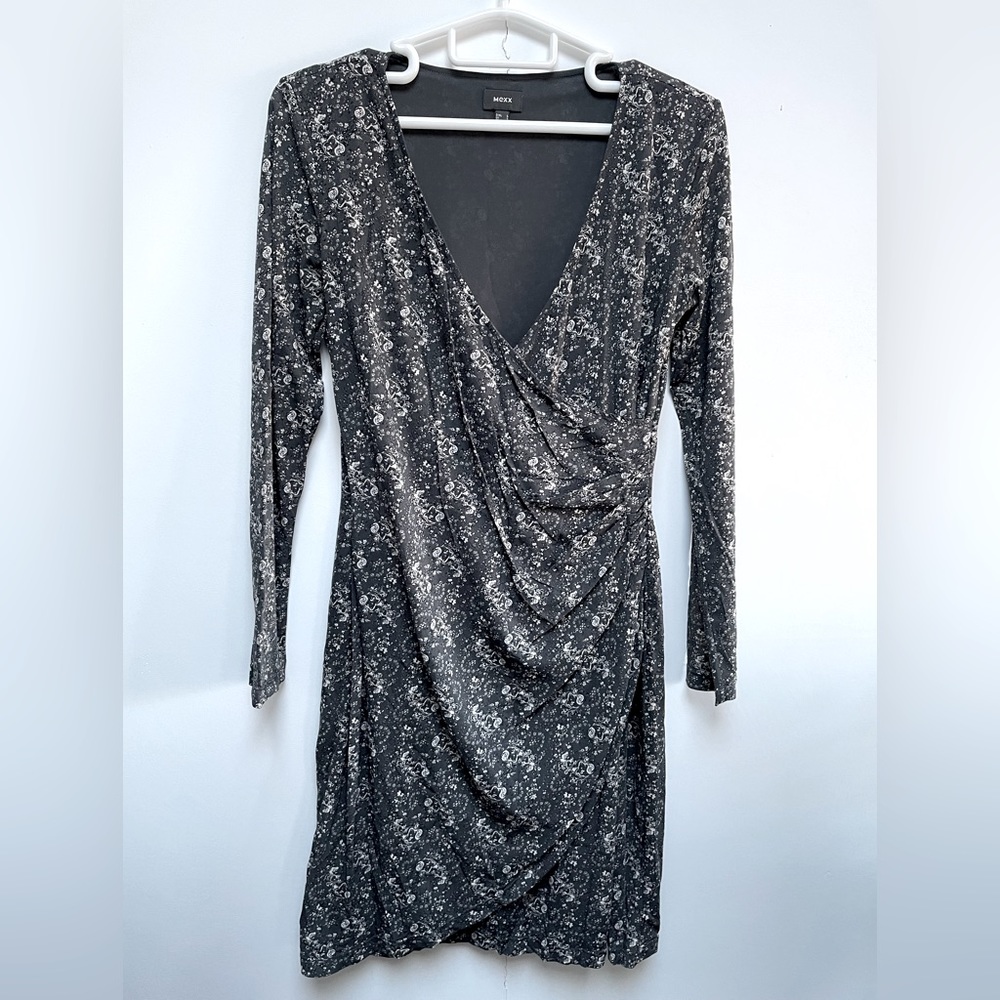 Grey and Cream false wrap Mexx dress with dark grey lining and long sleeves.